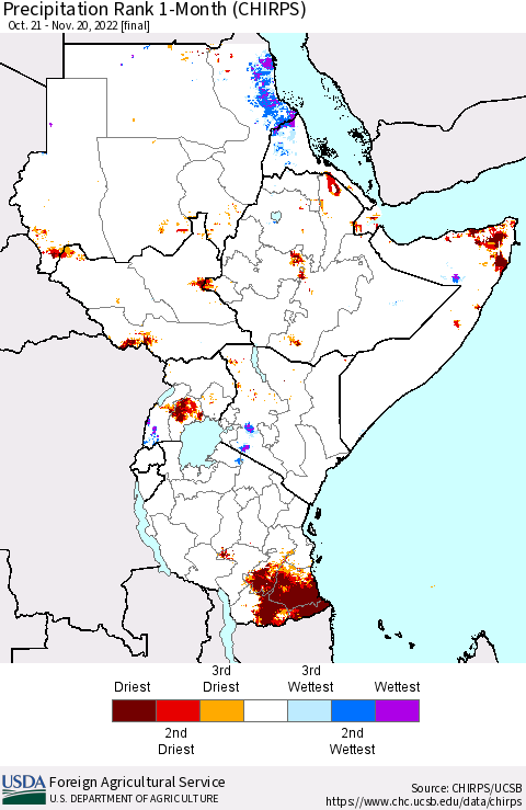 Eastern Africa Precipitation Rank since 1981, 1-Month (CHIRPS) Thematic Map For 10/21/2022 - 11/20/2022