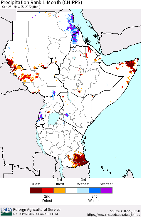 Eastern Africa Precipitation Rank since 1981, 1-Month (CHIRPS) Thematic Map For 10/26/2022 - 11/25/2022