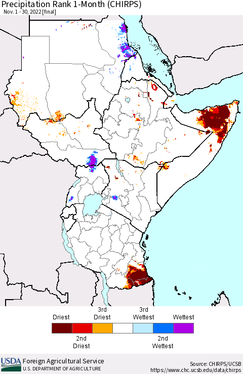 Eastern Africa Precipitation Rank since 1981, 1-Month (CHIRPS) Thematic Map For 11/1/2022 - 11/30/2022