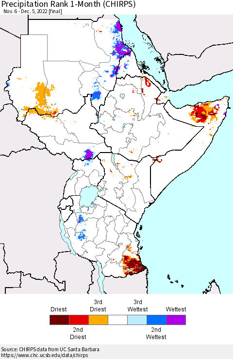 Eastern Africa Precipitation Rank since 1981, 1-Month (CHIRPS) Thematic Map For 11/6/2022 - 12/5/2022