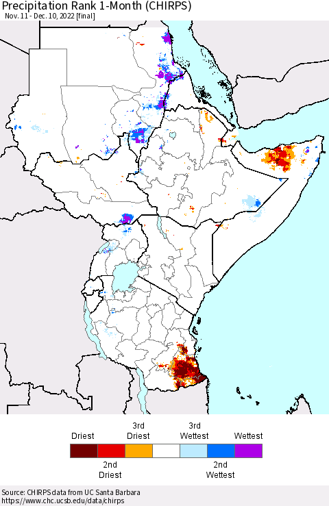 Eastern Africa Precipitation Rank since 1981, 1-Month (CHIRPS) Thematic Map For 11/11/2022 - 12/10/2022