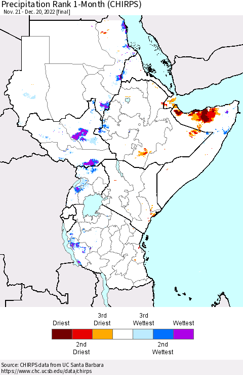 Eastern Africa Precipitation Rank since 1981, 1-Month (CHIRPS) Thematic Map For 11/21/2022 - 12/20/2022