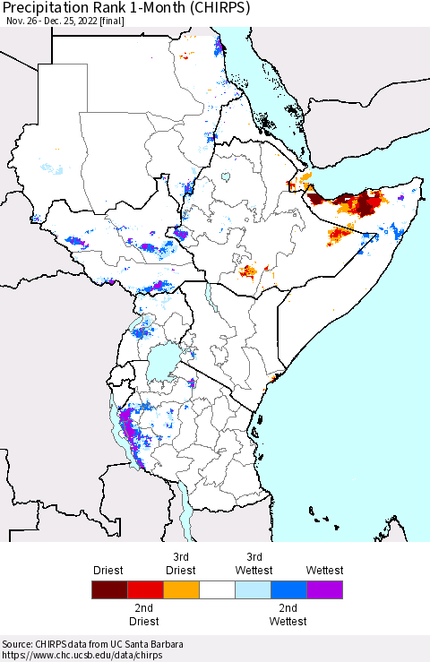 Eastern Africa Precipitation Rank since 1981, 1-Month (CHIRPS) Thematic Map For 11/26/2022 - 12/25/2022