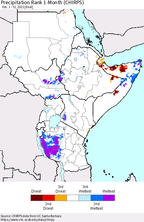 Eastern Africa Precipitation Rank since 1981, 1-Month (CHIRPS) Thematic Map For 12/1/2022 - 12/31/2022