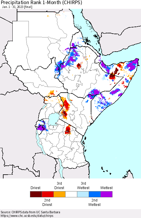 Eastern Africa Precipitation Rank since 1981, 1-Month (CHIRPS) Thematic Map For 1/1/2023 - 1/31/2023