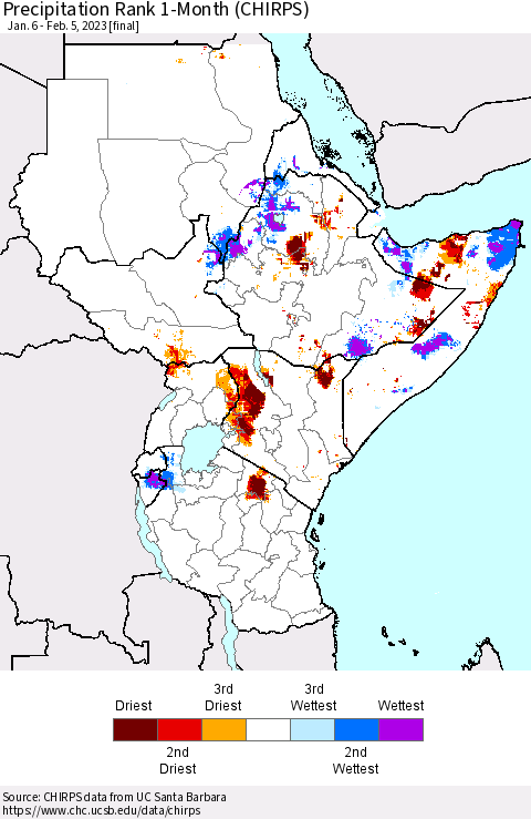 Eastern Africa Precipitation Rank since 1981, 1-Month (CHIRPS) Thematic Map For 1/6/2023 - 2/5/2023