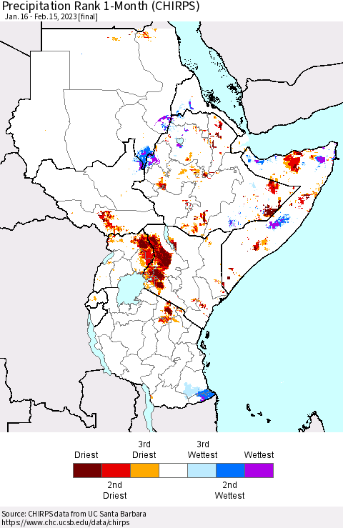 Eastern Africa Precipitation Rank since 1981, 1-Month (CHIRPS) Thematic Map For 1/16/2023 - 2/15/2023