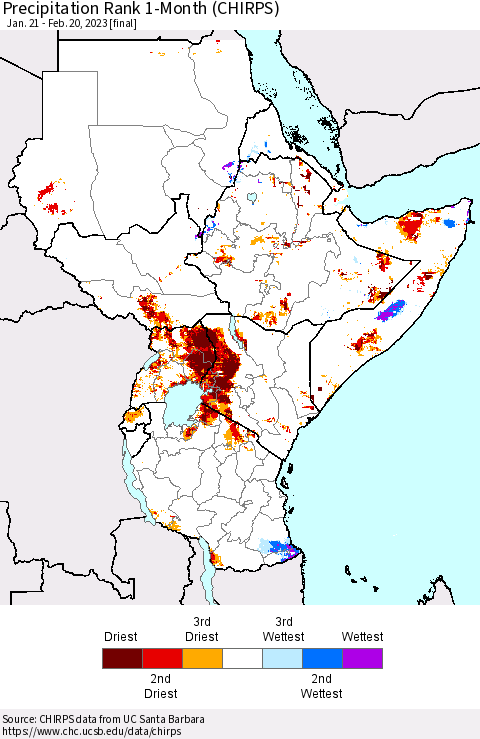 Eastern Africa Precipitation Rank since 1981, 1-Month (CHIRPS) Thematic Map For 1/21/2023 - 2/20/2023