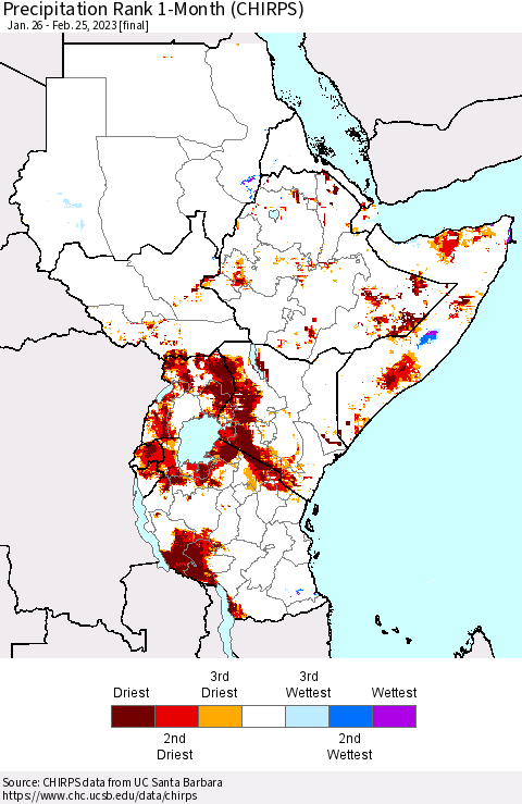 Eastern Africa Precipitation Rank since 1981, 1-Month (CHIRPS) Thematic Map For 1/26/2023 - 2/25/2023