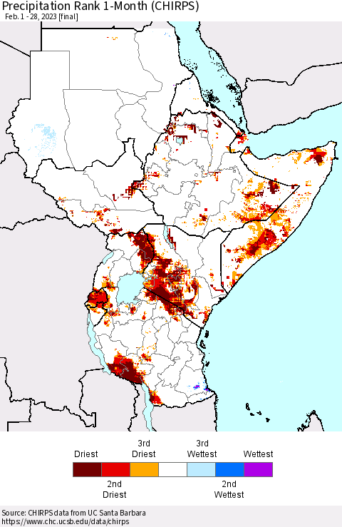 Eastern Africa Precipitation Rank since 1981, 1-Month (CHIRPS) Thematic Map For 2/1/2023 - 2/28/2023