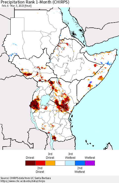 Eastern Africa Precipitation Rank since 1981, 1-Month (CHIRPS) Thematic Map For 2/6/2023 - 3/5/2023