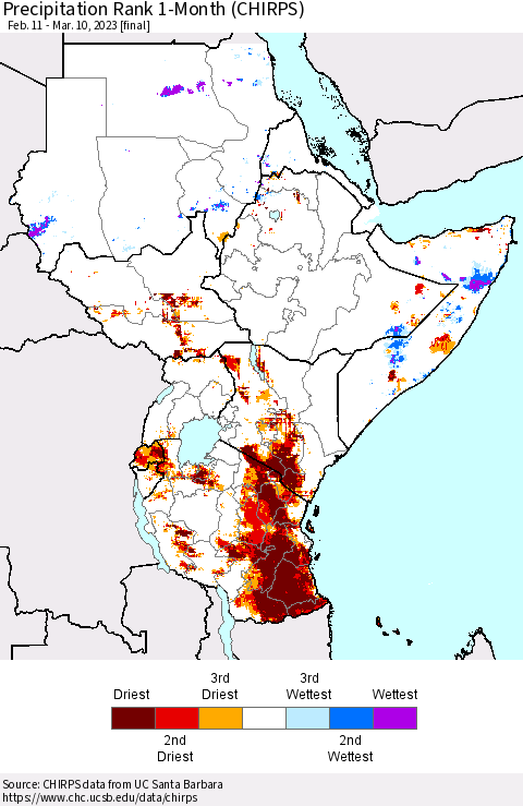 Eastern Africa Precipitation Rank since 1981, 1-Month (CHIRPS) Thematic Map For 2/11/2023 - 3/10/2023