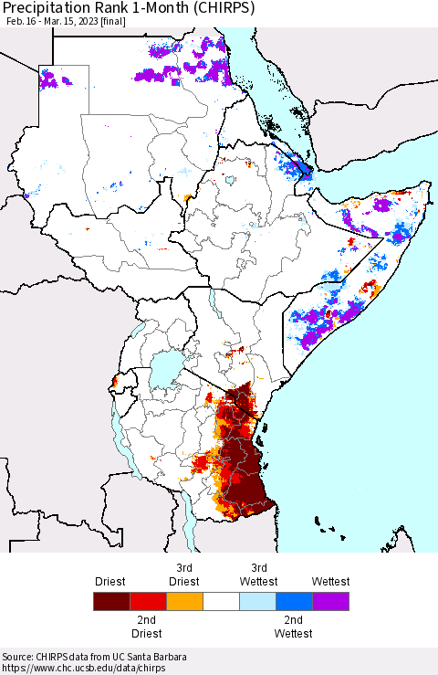 Eastern Africa Precipitation Rank since 1981, 1-Month (CHIRPS) Thematic Map For 2/16/2023 - 3/15/2023