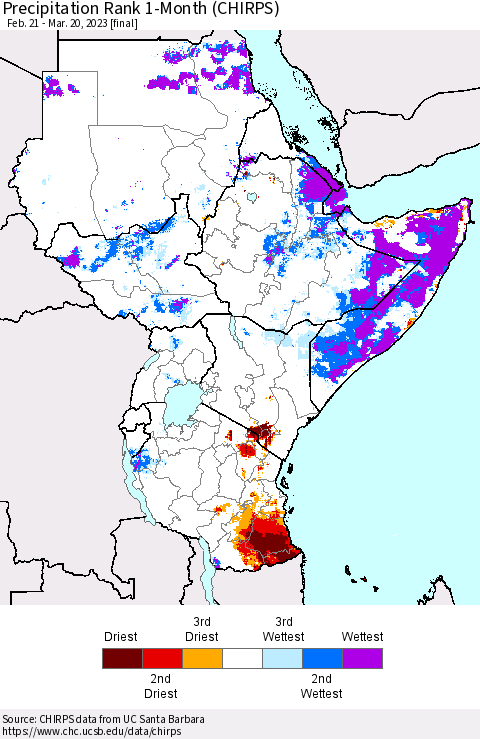 Eastern Africa Precipitation Rank since 1981, 1-Month (CHIRPS) Thematic Map For 2/21/2023 - 3/20/2023