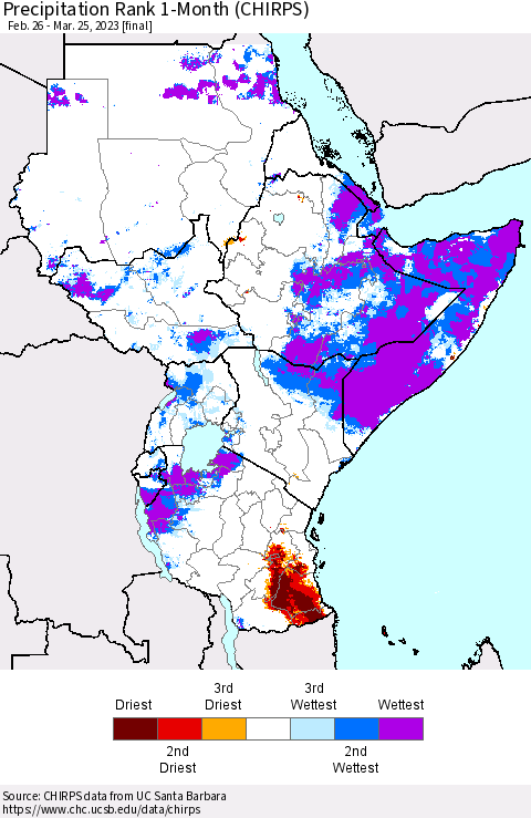 Eastern Africa Precipitation Rank since 1981, 1-Month (CHIRPS) Thematic Map For 2/26/2023 - 3/25/2023