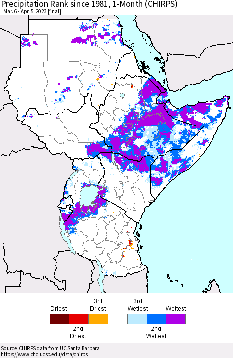 Eastern Africa Precipitation Rank since 1981, 1-Month (CHIRPS) Thematic Map For 3/6/2023 - 4/5/2023