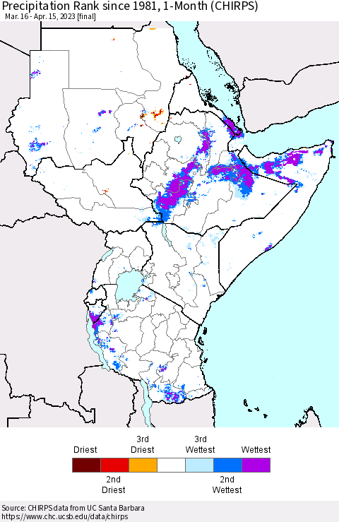 Eastern Africa Precipitation Rank since 1981, 1-Month (CHIRPS) Thematic Map For 3/16/2023 - 4/15/2023
