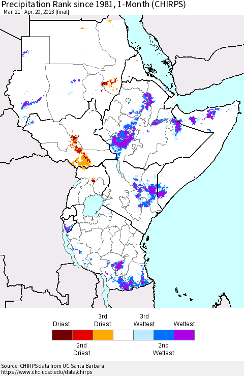 Eastern Africa Precipitation Rank since 1981, 1-Month (CHIRPS) Thematic Map For 3/21/2023 - 4/20/2023