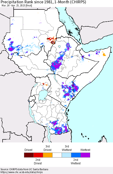 Eastern Africa Precipitation Rank since 1981, 1-Month (CHIRPS) Thematic Map For 3/26/2023 - 4/25/2023