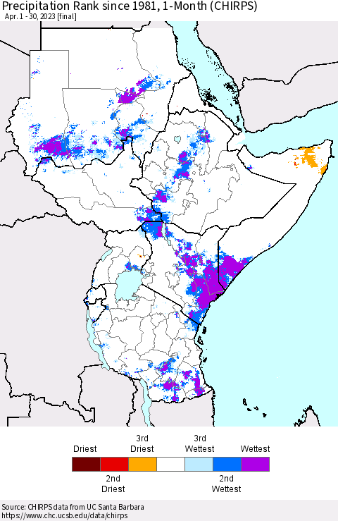 Eastern Africa Precipitation Rank since 1981, 1-Month (CHIRPS) Thematic Map For 4/1/2023 - 4/30/2023