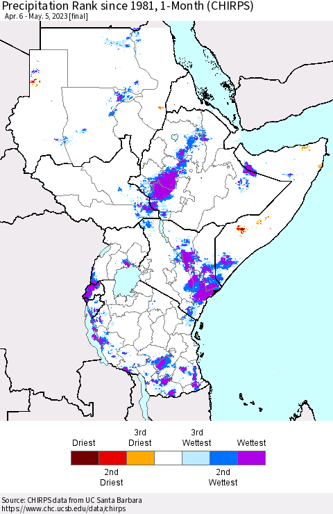 Eastern Africa Precipitation Rank since 1981, 1-Month (CHIRPS) Thematic Map For 4/6/2023 - 5/5/2023