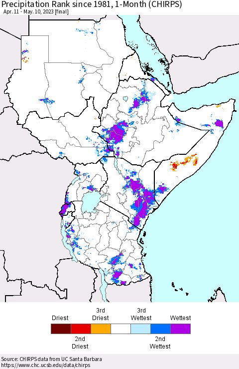 Eastern Africa Precipitation Rank since 1981, 1-Month (CHIRPS) Thematic Map For 4/11/2023 - 5/10/2023