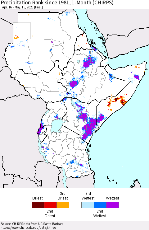 Eastern Africa Precipitation Rank since 1981, 1-Month (CHIRPS) Thematic Map For 4/16/2023 - 5/15/2023