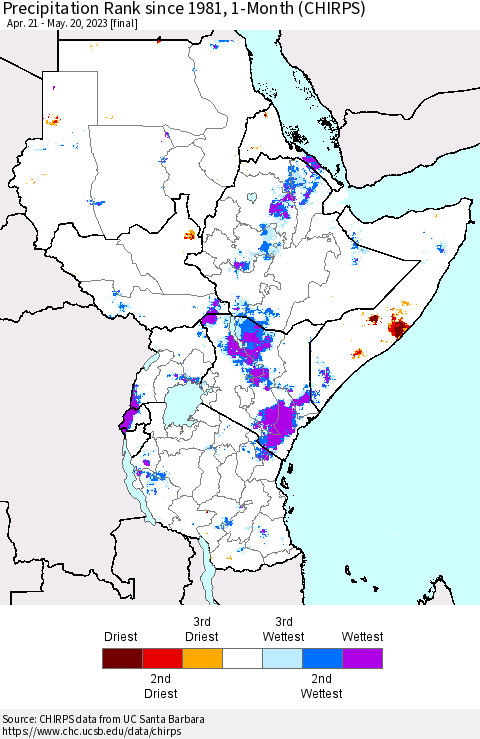 Eastern Africa Precipitation Rank since 1981, 1-Month (CHIRPS) Thematic Map For 4/21/2023 - 5/20/2023