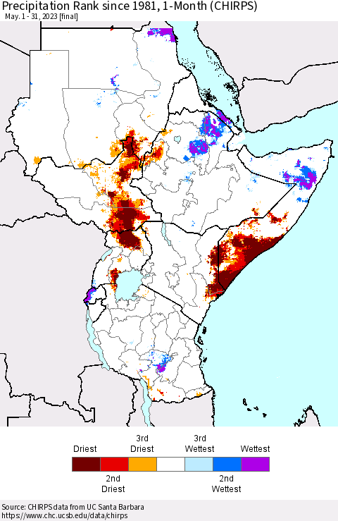 Eastern Africa Precipitation Rank since 1981, 1-Month (CHIRPS) Thematic Map For 5/1/2023 - 5/31/2023