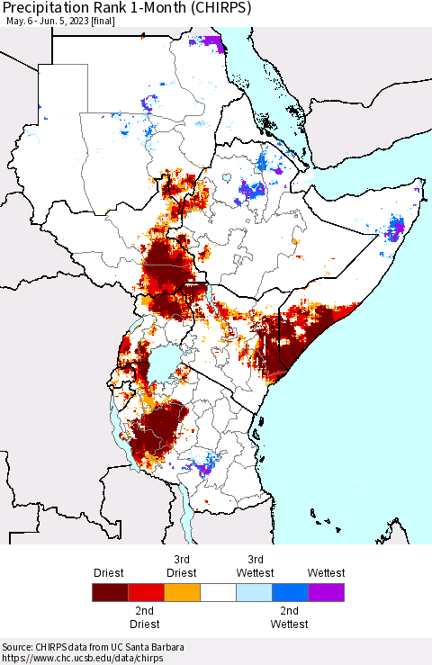 Eastern Africa Precipitation Rank since 1981, 1-Month (CHIRPS) Thematic Map For 5/6/2023 - 6/5/2023