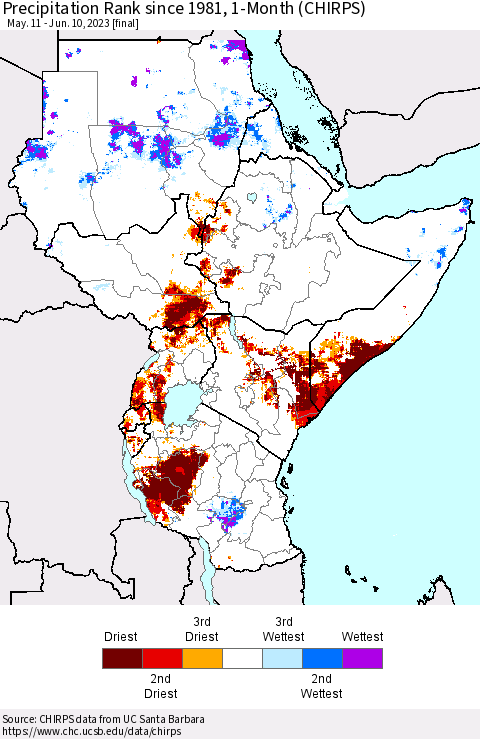 Eastern Africa Precipitation Rank since 1981, 1-Month (CHIRPS) Thematic Map For 5/11/2023 - 6/10/2023