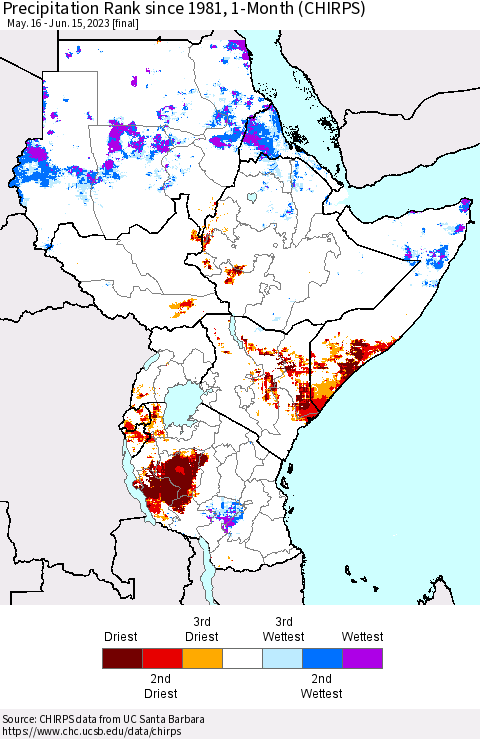Eastern Africa Precipitation Rank since 1981, 1-Month (CHIRPS) Thematic Map For 5/16/2023 - 6/15/2023