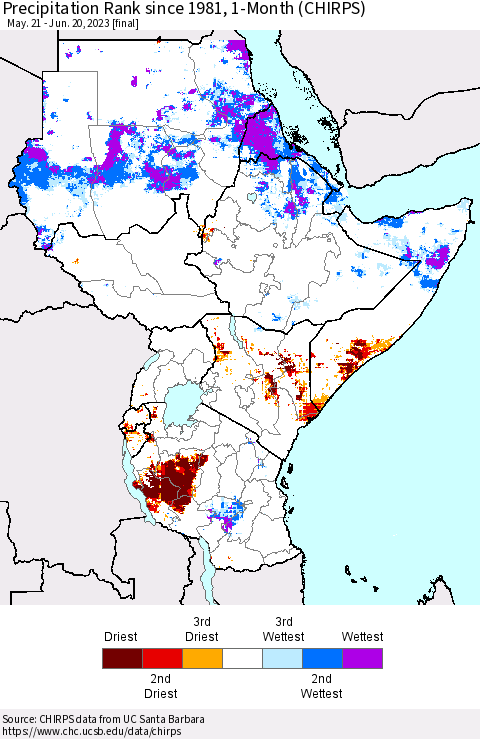 Eastern Africa Precipitation Rank since 1981, 1-Month (CHIRPS) Thematic Map For 5/21/2023 - 6/20/2023