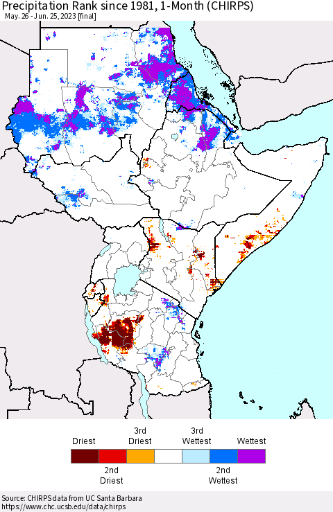 Eastern Africa Precipitation Rank since 1981, 1-Month (CHIRPS) Thematic Map For 5/26/2023 - 6/25/2023