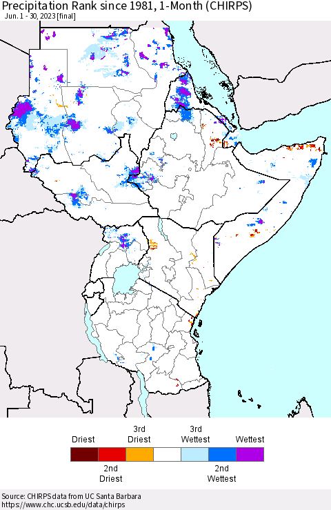 Eastern Africa Precipitation Rank since 1981, 1-Month (CHIRPS) Thematic Map For 6/1/2023 - 6/30/2023