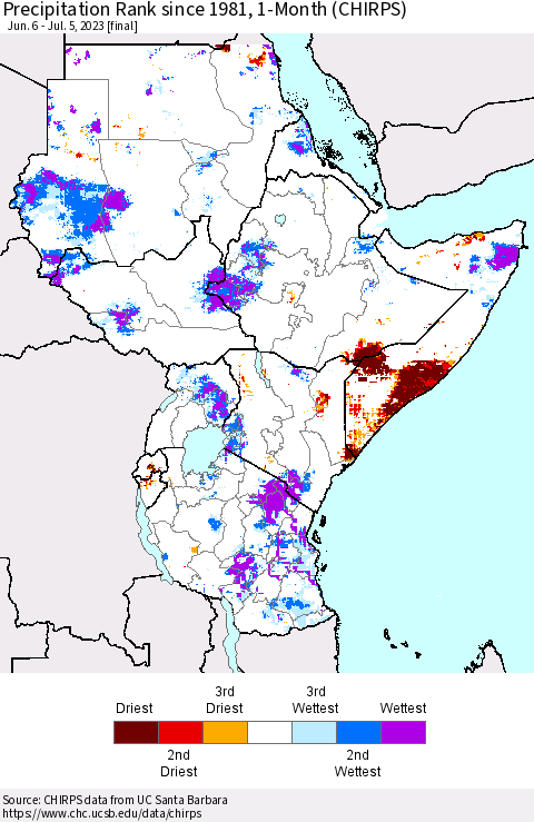 Eastern Africa Precipitation Rank since 1981, 1-Month (CHIRPS) Thematic Map For 6/6/2023 - 7/5/2023