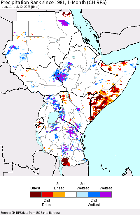 Eastern Africa Precipitation Rank since 1981, 1-Month (CHIRPS) Thematic Map For 6/11/2023 - 7/10/2023
