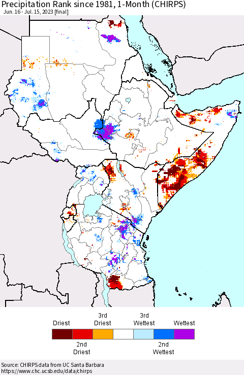 Eastern Africa Precipitation Rank since 1981, 1-Month (CHIRPS) Thematic Map For 6/16/2023 - 7/15/2023