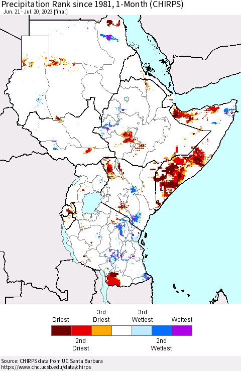 Eastern Africa Precipitation Rank since 1981, 1-Month (CHIRPS) Thematic Map For 6/21/2023 - 7/20/2023