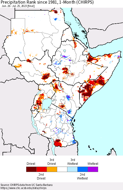 Eastern Africa Precipitation Rank since 1981, 1-Month (CHIRPS) Thematic Map For 6/26/2023 - 7/25/2023