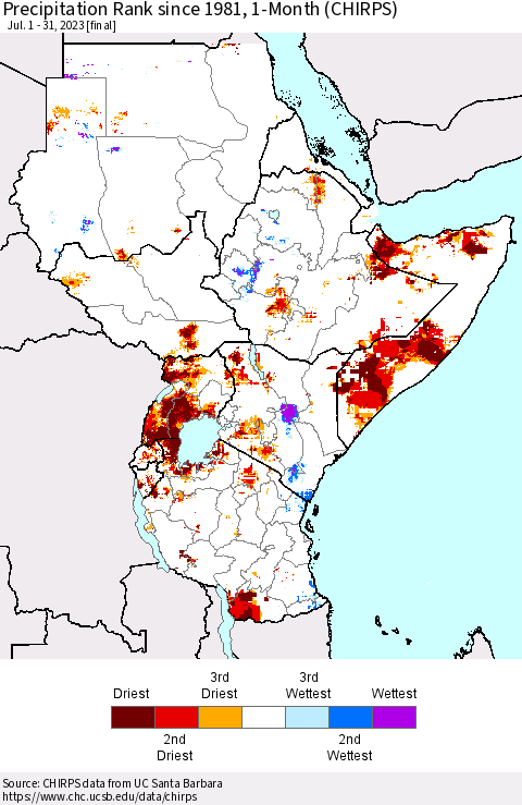 Eastern Africa Precipitation Rank since 1981, 1-Month (CHIRPS) Thematic Map For 7/1/2023 - 7/31/2023