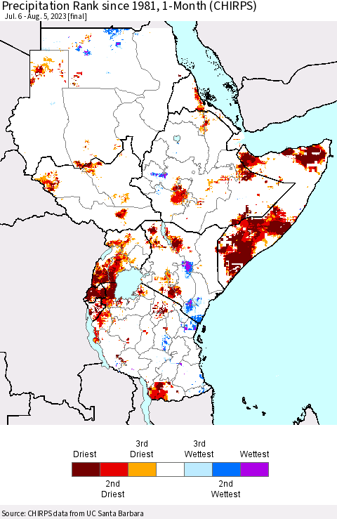 Eastern Africa Precipitation Rank since 1981, 1-Month (CHIRPS) Thematic Map For 7/6/2023 - 8/5/2023