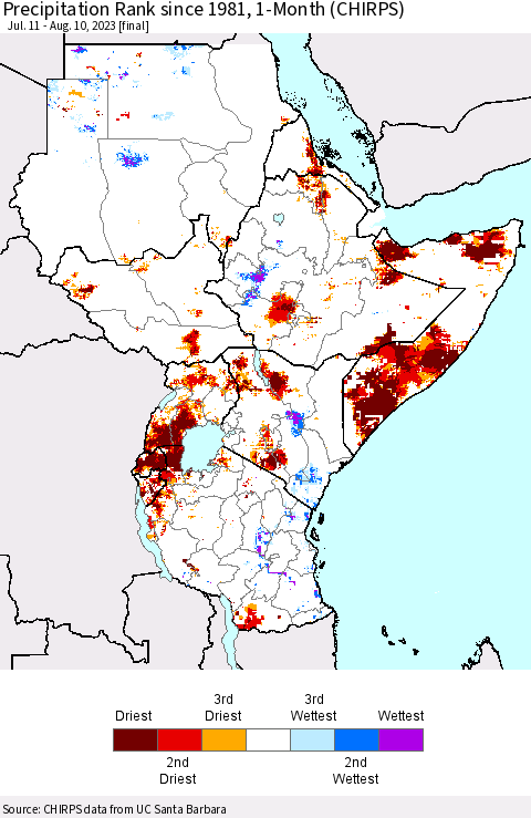 Eastern Africa Precipitation Rank since 1981, 1-Month (CHIRPS) Thematic Map For 7/11/2023 - 8/10/2023