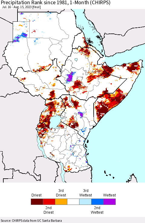 Eastern Africa Precipitation Rank since 1981, 1-Month (CHIRPS) Thematic Map For 7/16/2023 - 8/15/2023
