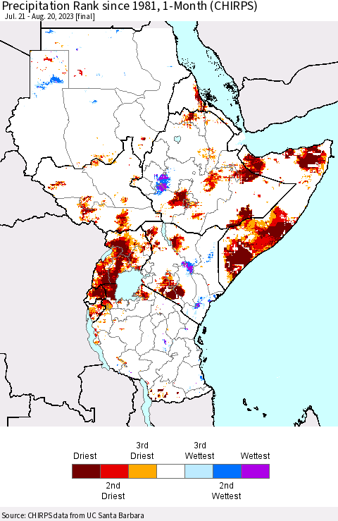 Eastern Africa Precipitation Rank since 1981, 1-Month (CHIRPS) Thematic Map For 7/21/2023 - 8/20/2023
