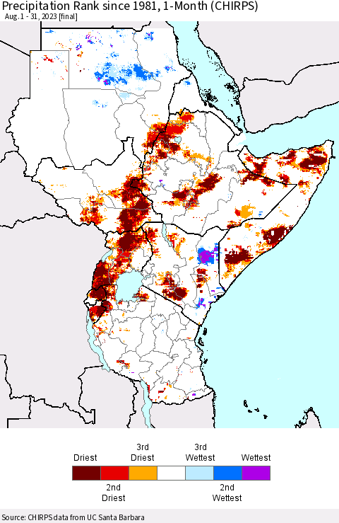 Eastern Africa Precipitation Rank since 1981, 1-Month (CHIRPS) Thematic Map For 8/1/2023 - 8/31/2023