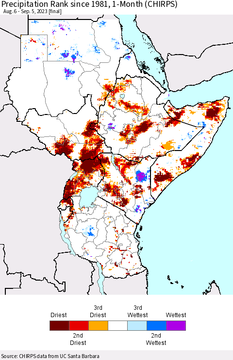 Eastern Africa Precipitation Rank since 1981, 1-Month (CHIRPS) Thematic Map For 8/6/2023 - 9/5/2023