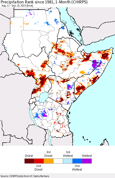 Eastern Africa Precipitation Rank since 1981, 1-Month (CHIRPS) Thematic Map For 8/11/2023 - 9/10/2023
