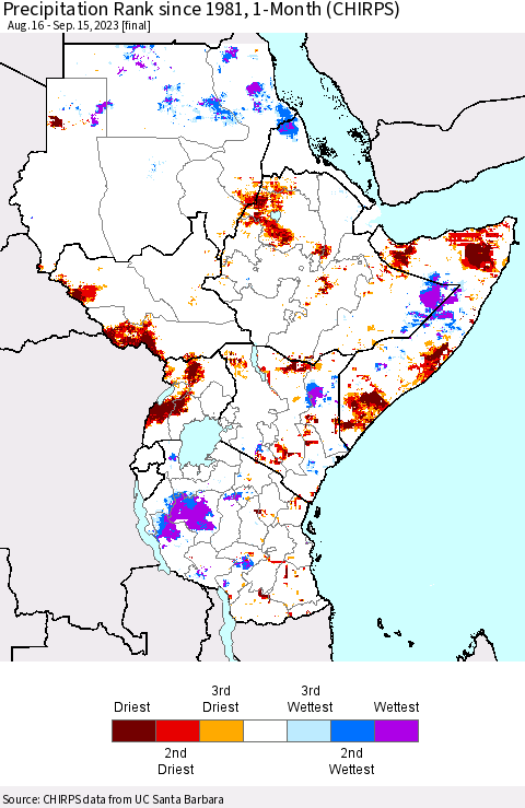 Eastern Africa Precipitation Rank since 1981, 1-Month (CHIRPS) Thematic Map For 8/16/2023 - 9/15/2023