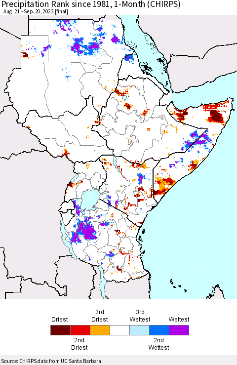Eastern Africa Precipitation Rank since 1981, 1-Month (CHIRPS) Thematic Map For 8/21/2023 - 9/20/2023